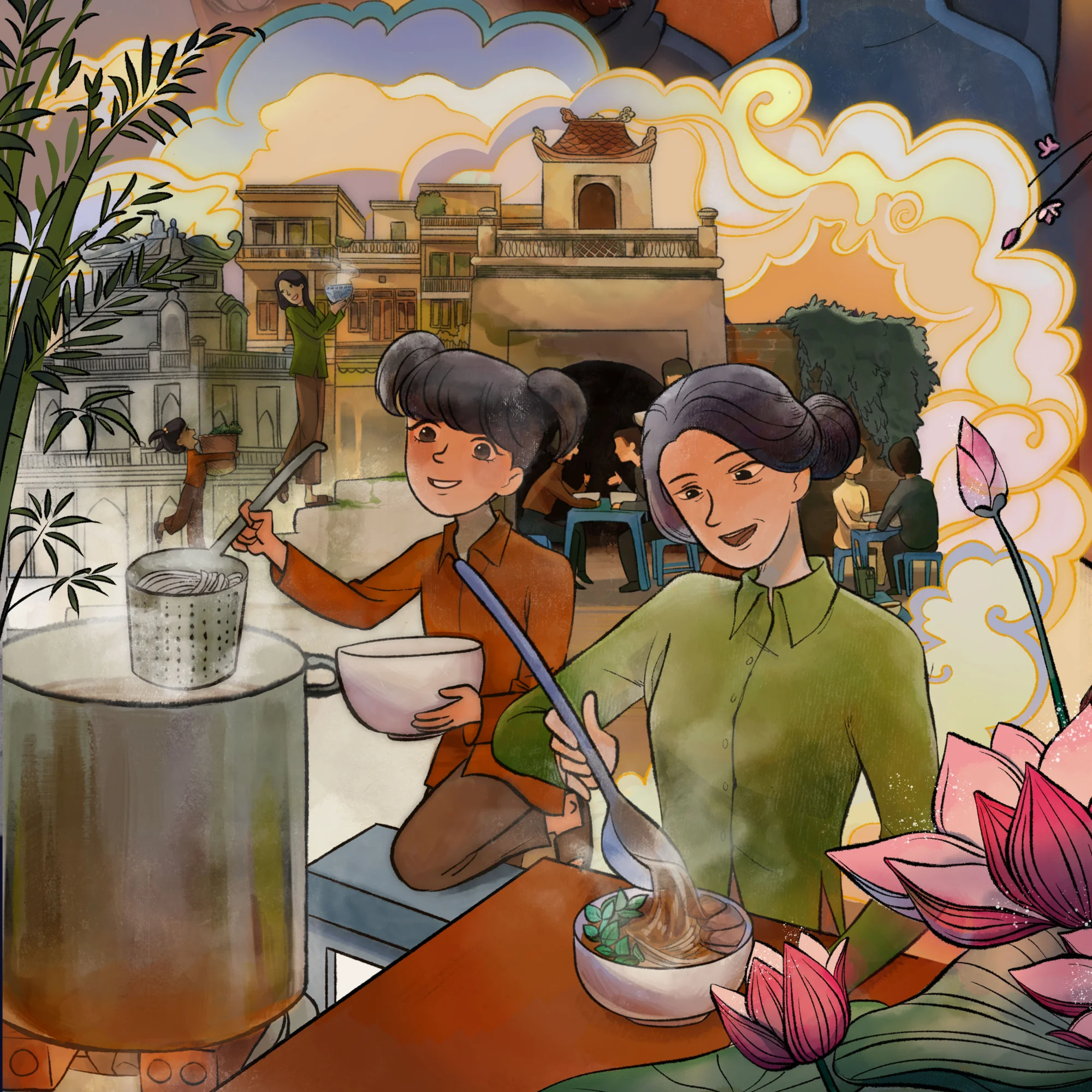 Watercolour of lotus flowers and pho bowls from above
